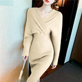 Christmas Gift Elegant V-neck Bodycon Knitted Dress for Women Autumn Winter Full Sleeve Slim Waist Female Sweaters Vestidos Fashion A-Line Robe