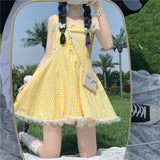 Kukombo  Summer Kawaii Lolita Strap Dress Women Patchwork Lace Japanese Sweet Cute Mini Dresses Yellow Plaid Fairy Tale Casual Dress 2022