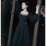 Kukombo Summer Rose Jacquard Rhinestone Square Neck Fashion Dress Black High Waist Hollow Sexy High Quality Dresses For Party Vestidos