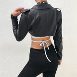 Black PU Leather Crop Jacket Street Wear Punk Style Womens Coats Long Sleeve Turn-Down Zipper Short Jacket 2022 Fashion