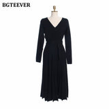 Christmas Gift BGTEEVER Elegant V-neck Thick Warm Women Knitted Pleated Dress Long Sleeve Belted Sashes Ladies Sweater Dress 2021 Autumn Winter