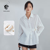 Christmas Gift FANSILANEN Fashion Belt Casual White Blouse Shirt Women Long Sleeve Spring Button Up Shirt Office Lady Elegant Blue Top Female