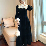 Graduation Gift Big Sale French Retro Black Midi Dress Women Elegant One Piece Dress Korean 2023 Autumn SLim Lace Evening Party Velvet Dress Female Cute