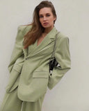Kukombo Women's Autumn Fashion Grass Green Blazer Ladies Chic Buttoned Top Retro Long Sleeve Lapel Casual Jacket
