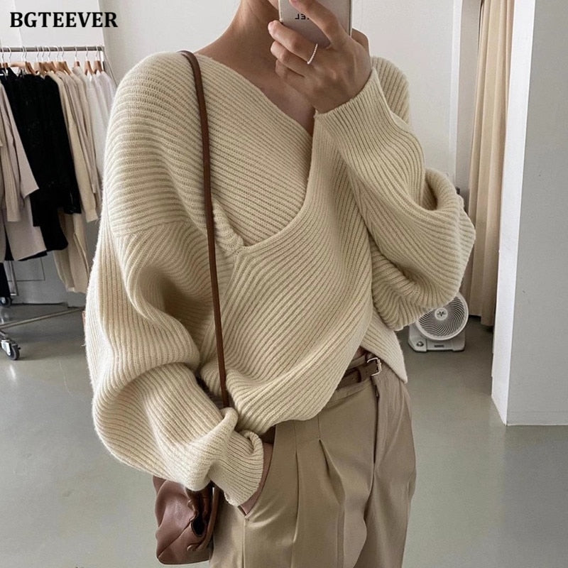Christmas Gift BGTEEVER Fashion V-neck Cross Women's Sweater Jumpers Streetwear Loose Knitwear Autumn Winter Solid Female Knitted Pullovers