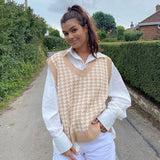 Kukombo Autumn Winter Women Sweater Vest Houndstooth Loose Knitted V-Neck Sleeveless Chic Top Fashion Vintage Sweater Female Waistcoat