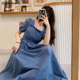 Kukombo Short Sleeve Dress Women Summer Solid Pleated Square Collar Mid-Calf Elegant Korean Simple Leisure Loose Preppy Womens A-Line BF