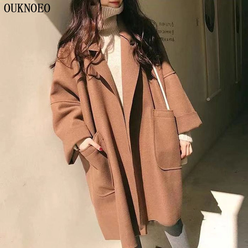 Christmas Gift Woman Long Coat Korean Preppy Style Long Loose Oversized Coat Solid Color Lapel Show Thin Black 2021 Autumn Women Thin Coat