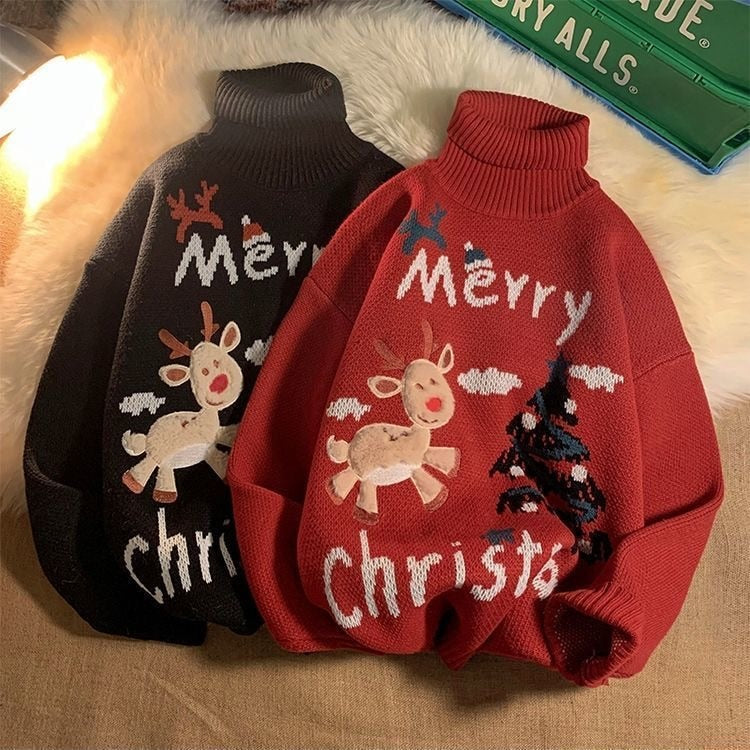 Christmas Gift Men's And Women'sTurtleneck Christmas Sweater Ladies Lovely Elk   Pullover Sweater Outer Wear Sweater Holiday Costumes Loose Top