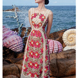 Kukombo Red Embroidery Dress Women Vintage Square Neck Sleeveless Bodycon Dress For Women High Waist Strap Party Dresses Clothing 2022