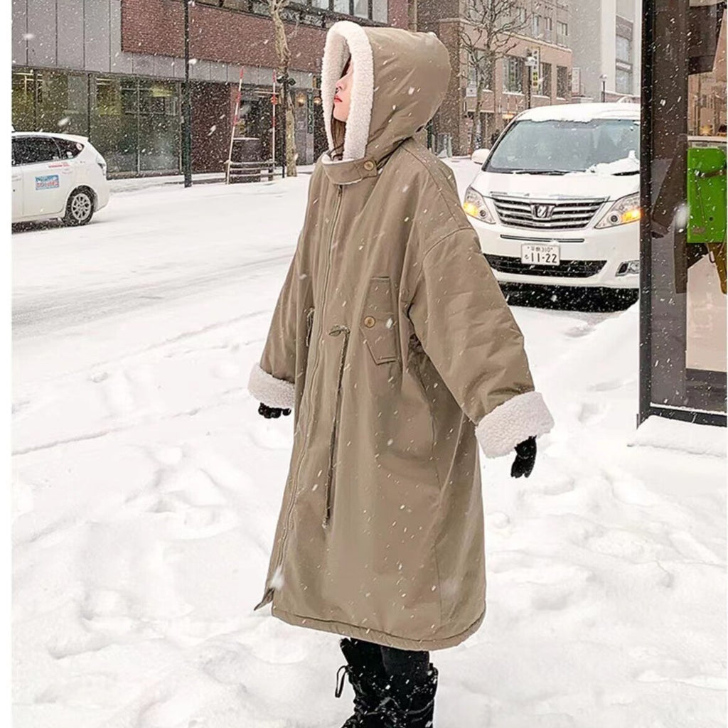 Christmas Gift Woman Long Coat Zipper Buttons Korean Style Retro Outwear Winter  Warm Lambswool Oversize 2021 Woman Thick Hooded Cotton Jacket