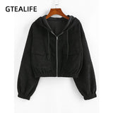 Christmas Gift Black Zipper Corduroy Drop Shoulder Pocket Hooded Jacket Streetwear Women Fall Winter Crop Top Long Sleeve Coats 2021