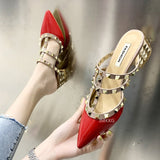 Kukombo 2022 Women Sexy Pointed Toe Heels Slippers Summer Women's Rivets Square Heel Sandals Female Pu Leather Party Work Dress Shoes