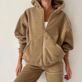 Kukombo  Casual Women Fleece Hoodie Two Piece Sets Hooded Zipper Outerwear And Harem Pant Suit Autumn Winter Fashion Streetwear Tracksuit