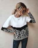 Christmas Gift 2021 Fashion Leopard Patchwork Autumn Winter Ladies Knitted Sweater Women O-neck Full Sleeve Jumper Pullovers Top
