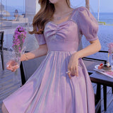Kukombo Women Summer Puff Sleeve Purple Dress Vintage New Girl Fairy Princess Party Dress Casual Holiday Lady Beach Boho Dress