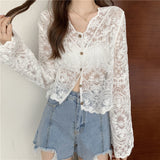 Kukombo Shirt Women Lace Summer Sun-Proof Simple Sexy Female Clothing Sheer Tops Preppy V-Neck Casual Trendy Harajuku Basic Korean New