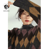 Christmas Gift FANSILANEN Women Argyle Plaid Knitted Sweater Women Casual Commuter Streetwear Loose Spring Sweater Female Long Sleeve Retro Top