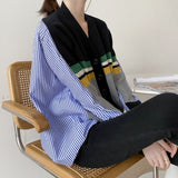 Kukombo 2022 Spring Women's Sweaters Patchwork Srtiped Knitting V-Neck Stylish Knitted Button Cardigans Loose Tops SWC1816