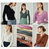 Christmas Gift FANSILANEN Office Lady White Yellow Black Loose Wool Sweater Women Autumn 100% Wool Thin Bottoming Sweater V-neck Top