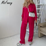 Christmas Gift Msfancy Summer Pant Sets Women Long Sleeve Blouse Hight Waist Wide Leg 2 Piece Sets 2021 Female Pant Suits