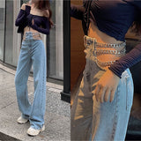 Kukombo  streetwear Side Cross Chain Hollow Out Wide-leg Women's Jeans High Waist Pants Sexy Elegant Ladies Europe Fashion Jeans KZ355