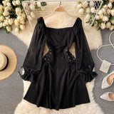 Spring Vintage Dress Women A-Line Side Bandage Corset Lady's Dress Puff Sleeve Knee-Length Female Gothic Style Party Vestido