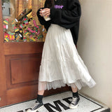 Kukombo Long Tulle Midi Skirts Womens 2021 Autumn Elastic High Waist Mesh Tutu Pleated Skirts Female Black White Long Skirt Streetwear