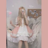 Kukombo Kawaii Lolita Maid Dress Pink Goth Gothic Birthday Party Dress Puff Sleeve Japanese Harajuku Ruffle Lace-Up Soft Girls