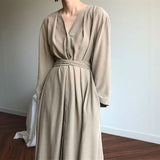 Kukombo New 2022 Women Spring Summer Dresses Lace Up Buttons Fashionable V-Neck Vintage Oversized Lady Pure Long Dress DR1150
