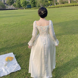 Kukombo Fairy Dress Retro Square Collar Floral Vestidos Sweet Robe Femme White Dress Party Elegant Bridesmaid Dress High Quality Female