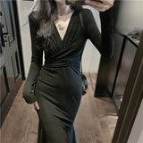 Christmas Gift Solid Sexy Midi Dress Women Office Lady V-neck Design Elegant Dress Casual Evening Party One Piece Dress Korean 2021 Autumn