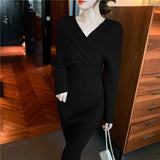 Christmas Gift Elegant V-neck Bodycon Knitted Dress for Women Autumn Winter Full Sleeve Slim Waist Female Sweaters Vestidos Fashion A-Line Robe