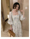Kukombo One Piece Dress Fairy Floral Midi Dress Women Puff Sleeve Elegant Vintage Dress Female Party Dress Lady 2022 Summer Traf Robe