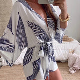 Kukombo Leaf Print White Batwing Sleeve Rompers Overalls Summer Autumn Sash Wide Leg Beach Boho Playsuit 2022 Plus Size Romper
