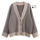 Christmas Gift Winter V-neck Button Stripes Sweater Long Sleeve Christmas Cardigan Sweater Knitted Loose Oversize Jumper Tops Jacket Coat 17620