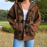 Thanksgiving Gift Dourbesty Women's Sweatshirts Portrait Print Long Hoodies With Zipper Pockets For Spring Fall Coat  Y2K E-Girl Gothic Streetwear