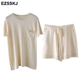 Christmas Gift 2021 casual oversize Knitted Tracksuit  women knit camisole +shorts 2 Pieces knit Set female chic loose t-shirt + shorts suits