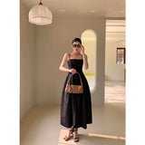 Kukombo Summer Elegant Women Spaghetti Strap Robe Slim Female Split Vintage Black Party Dress Sleeveless A-Line Vestidos
