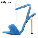 Christmas Gift Eilyken 2021 New Pink White Women Sandals Sexy Open Toe Furry Fur Summer High-Heeled Sandals Ladies Wedding Stripper shoes