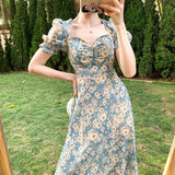 Kukombo  JuneLove French Ruffle Women Sexy Puff Sleeve Split Dress Office Lady Korean Style Summer Elegant Chiffon Fairy Boho Vestidos
