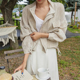Christmas Gift New 2021 Summer Autumn Women's Jacket Stand Collar Casual Pockets Cargo Cotton and Linen Zipper Short Tops JK8196