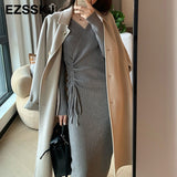 Christmas Gift pure color  2021 thick dress warm autumn winter maix sweater dress women bodycon v-neck Drawstring long dress female dress