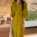 Kukombo Korean Chic Temperament Lapel Dress Single Breasted Lace Up Waist Shirt Skirt Slim Over Knee Long Lantern Sleeve Dress