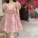 Kukombo  Floral Sweet Princess Dress Women Vintage Puff Sleeve Sexy V-Neck Mini Dress Female Evening Party Korean Fairy Dresses 2022 Y2k