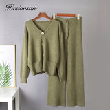 Christmas Gift Hirsionsan 2 Pieces Knitted Sets Women Tracksuit V Neck Cardigan & High Waist Pants Loose Soft Chic Knitted Sweater Outwear Lady
