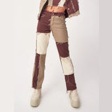 Kukombo Autumn Patchwork High Waist Straight Jeans Woman Pants Casual Denim Trousers Color Block Brown Streetwear Pants Jeans Woman