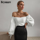 Kukombo Elegant Women's T Shirt Sexy Slash Neck Lantern Sleeve Bandage Solid White Tops 2022 Autumn Casual Slim Office Lady Tee K05