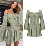 Kukombo Vintage Dot A-Line Dress With Corset Casual Halter Slash Neck Long Flare Sleeve Mini Dresses For Women 2022 Fashion Lady