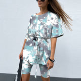 Kukombo  2022 New Casual Tie Dye Women Two Piece Sets With Belt Home Loose Sports Tracksuits Fashion Leisure Bicycle Suit Summer Clothing